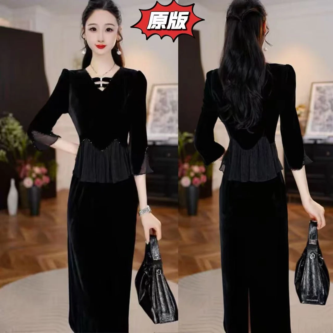 (墨色流金】高档丝绒面料时尚连衣裙2025秋季新款显瘦洋气减龄裙子