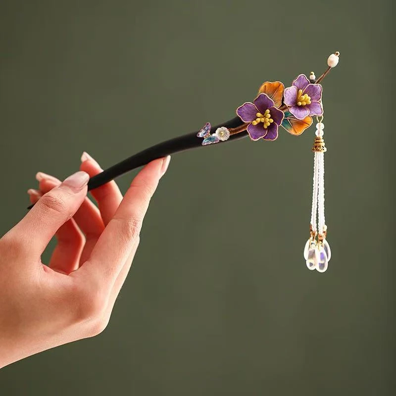 非遗檀木绒花发簪新中式古风木簪发簪汉服旗袍发簪发饰小件饰品