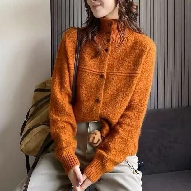 新款毛衣显瘦秋冬女女士加厚立领针织开衫毛针织衫气质开衫A1413