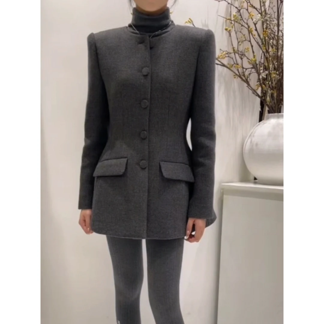欧洲站沙漏腰西装毛呢外套女2025冬季简约高级感显瘦灰色呢子大衣