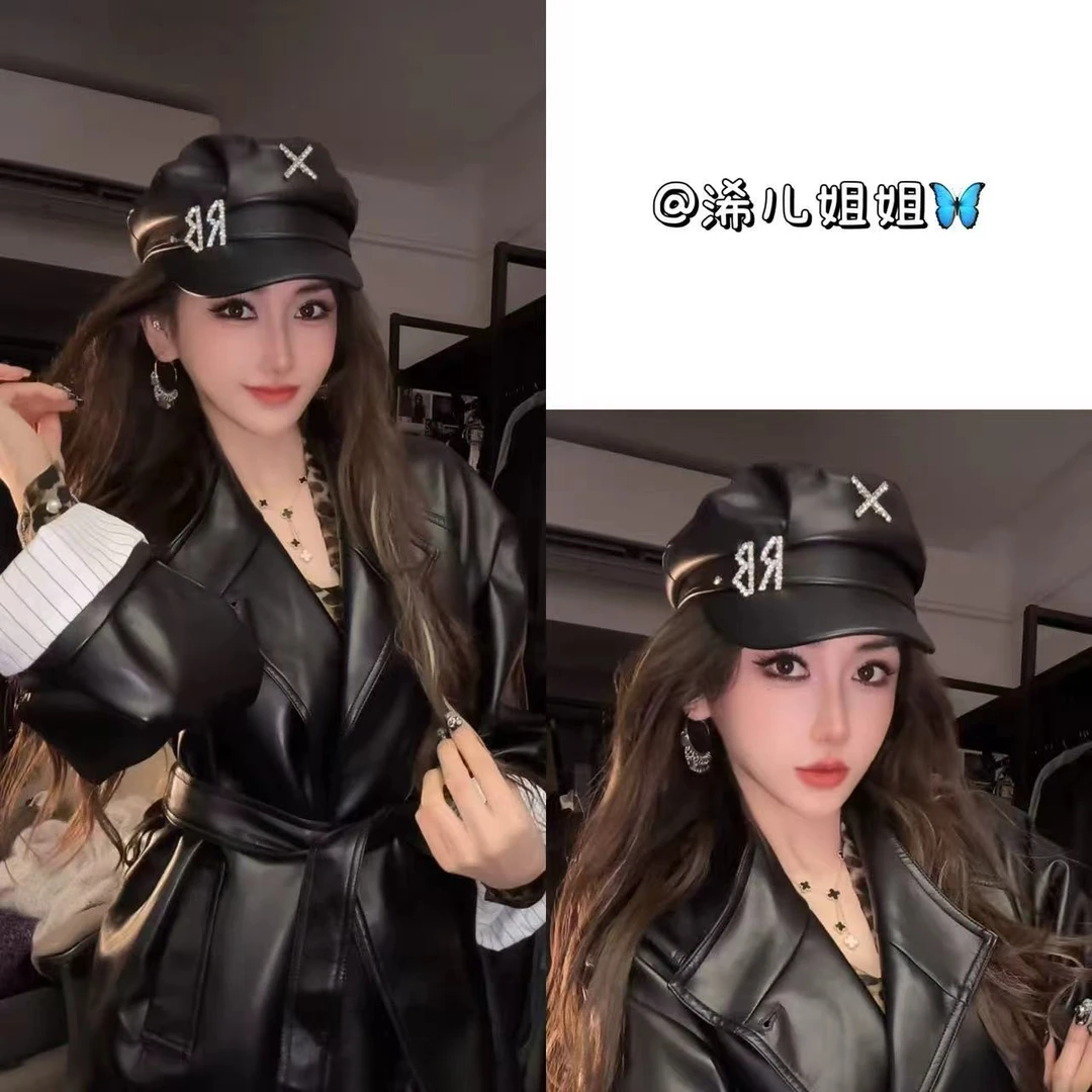 RB皮海军帽 欧洲站时尚百搭黑色报童帽女春秋新款时髦平顶鸭舌帽