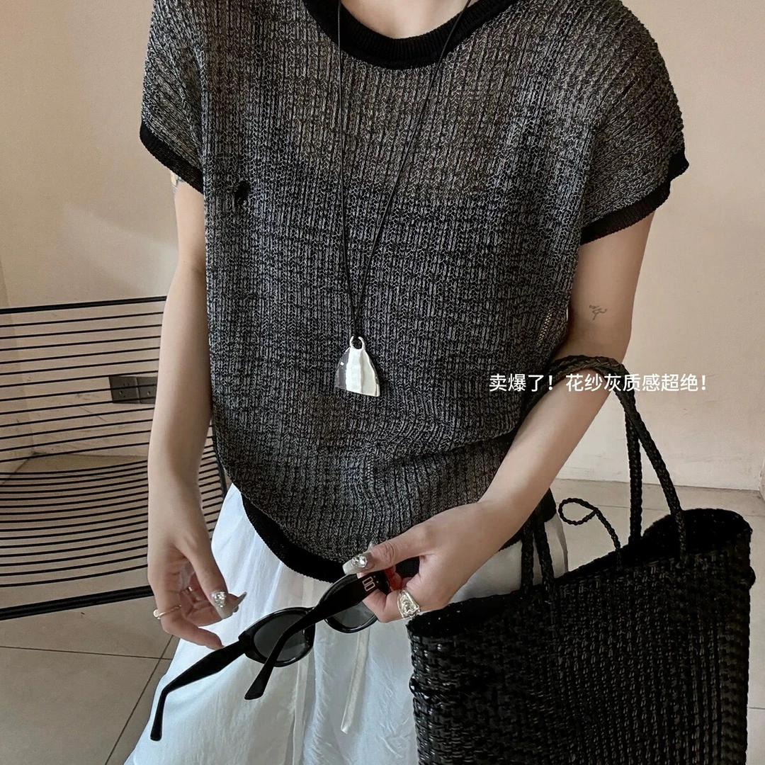 有运费补贴~花纱灰刺绣圆领时尚百搭镂空天爽亚麻上衣