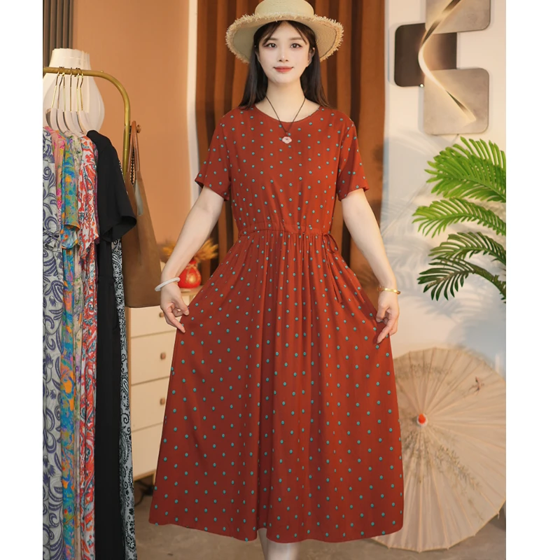 落日红妈妈装中长款棉绸裙子夏季新款时尚短袖系带大码连衣裙