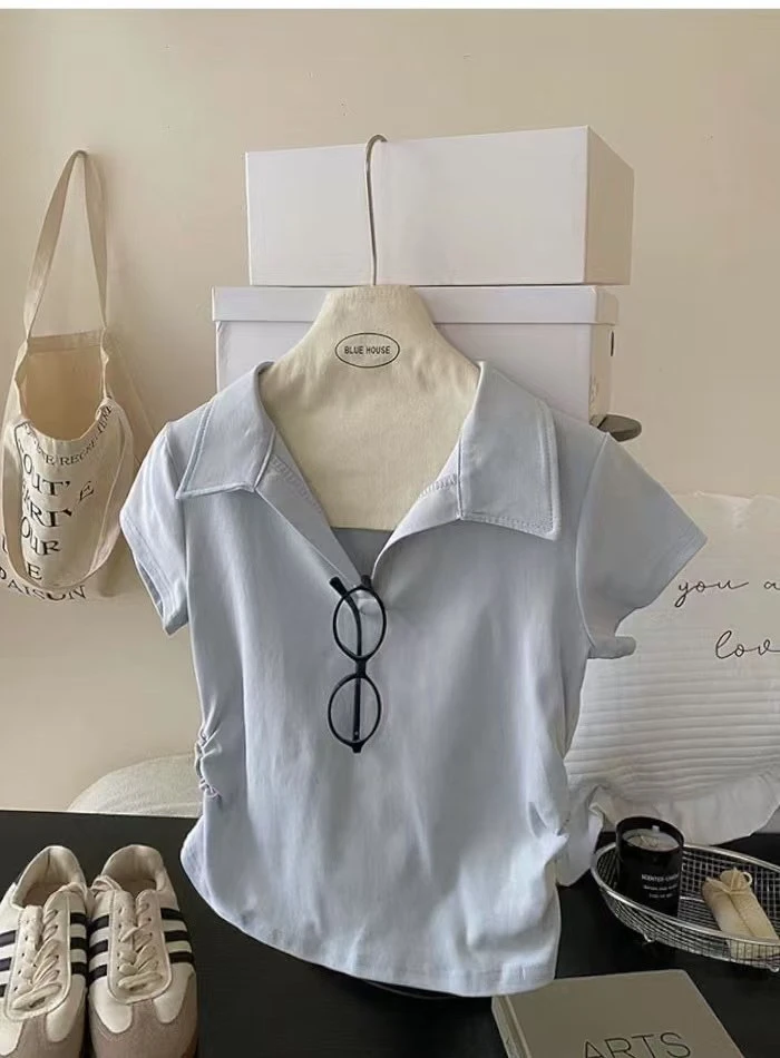 时尚纯色刺绣韩版短袖POLO衫修身型常规小众短款洋气