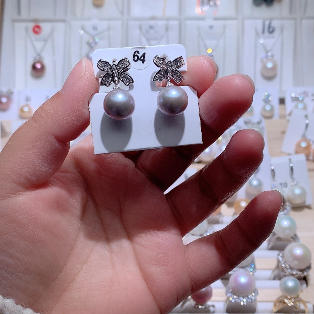 银S925镶嵌耳饰淡水珍珠CC11.1mm