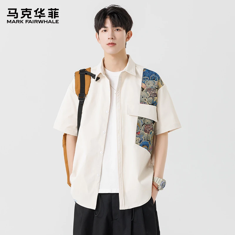 马克华菲夏季薄款美式短袖衬衫男士潮牌百搭宽松翻领休闲外套上衣