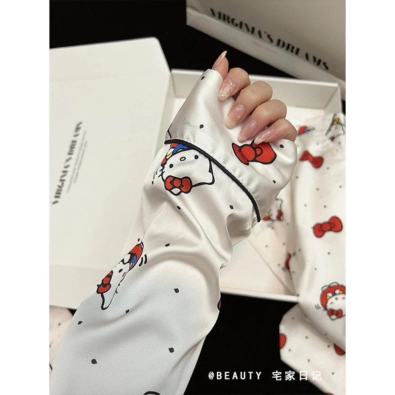 法式可爱HelloKitty冰丝睡衣女春秋款甜美少女波点长袖家居服套装