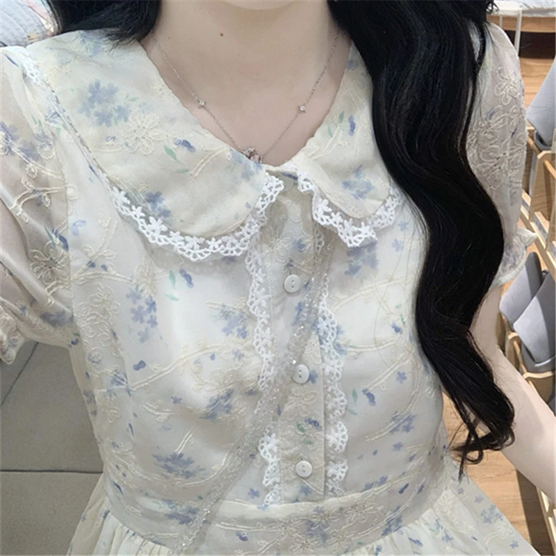 夏季甜美蕾丝圆领雪花刺绣连衣裙复古海盐蓝小清新少女温柔裙子