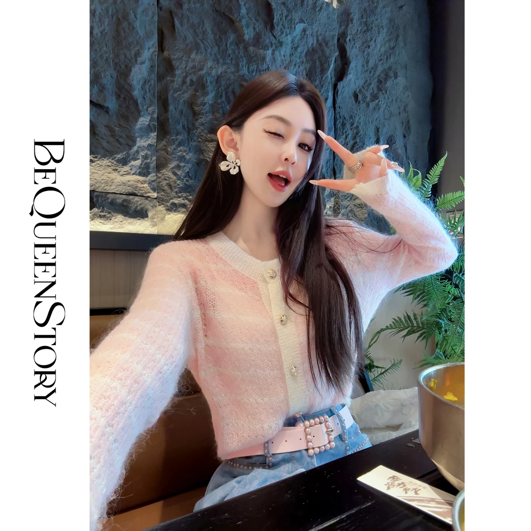 余潇潇【水晶之恋】2025春装新款马海毛混纺气质圆领短款开衫毛衣