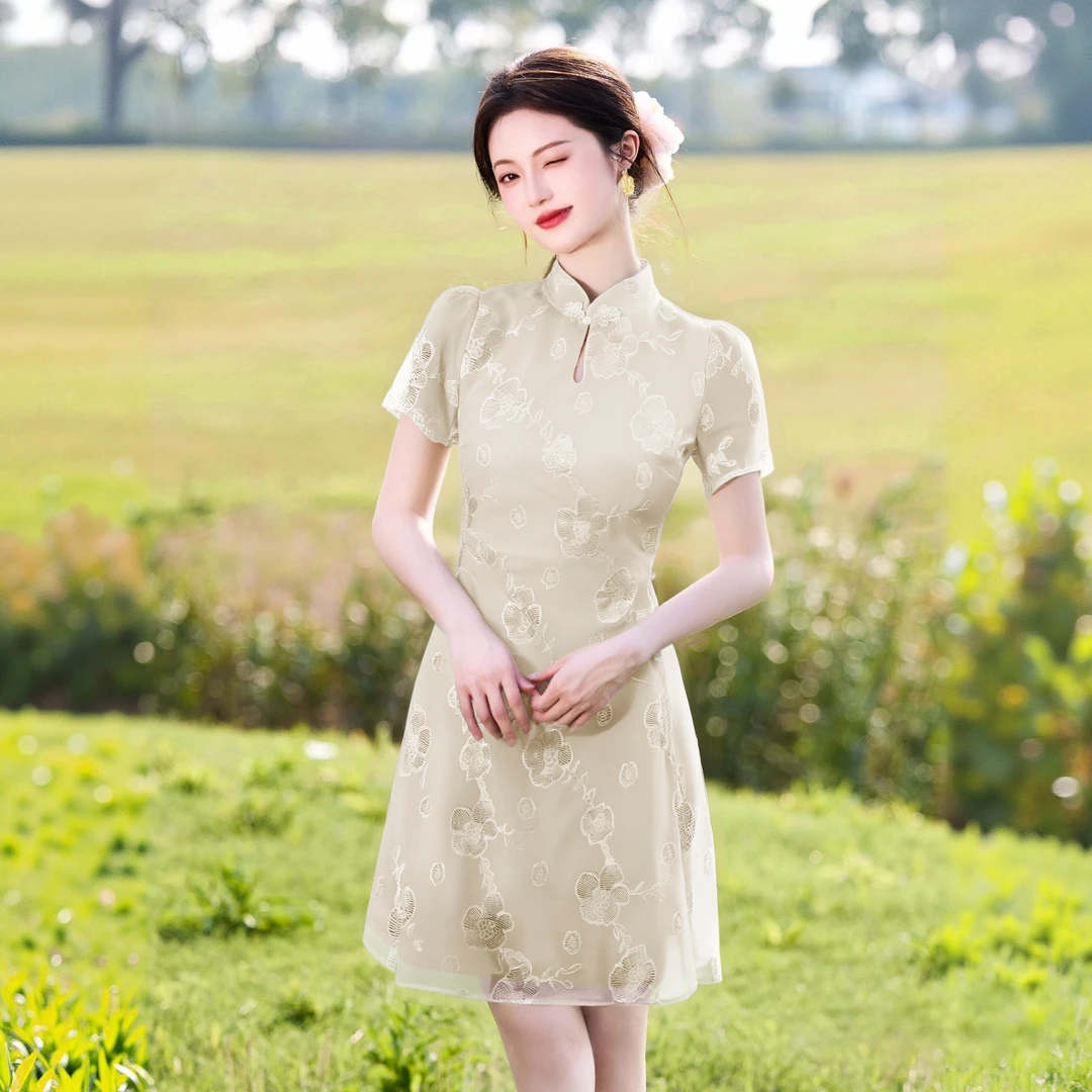 A【有里布】国风旗袍裙改良新中式连衣裙女收腰a字气质订婚裙D2552