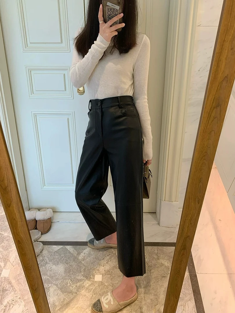 哑光黑色pu蛋白皮裤女薄绒高腰垂感九分裤休闲烟管直筒裤