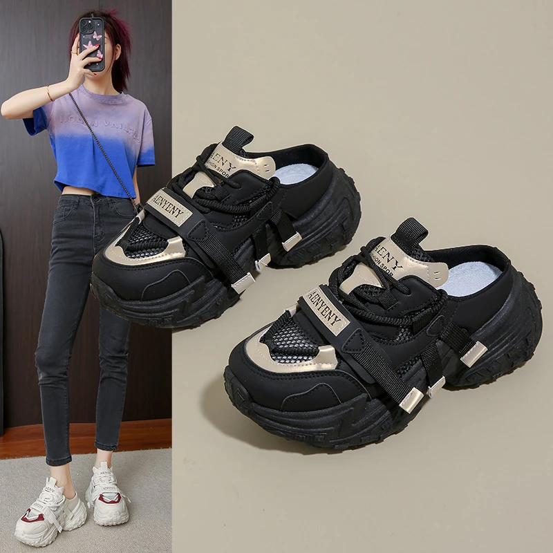 老爹鞋2025春夏季新款百搭韩版半拖厚底ins简约厚底一脚蹬小白鞋