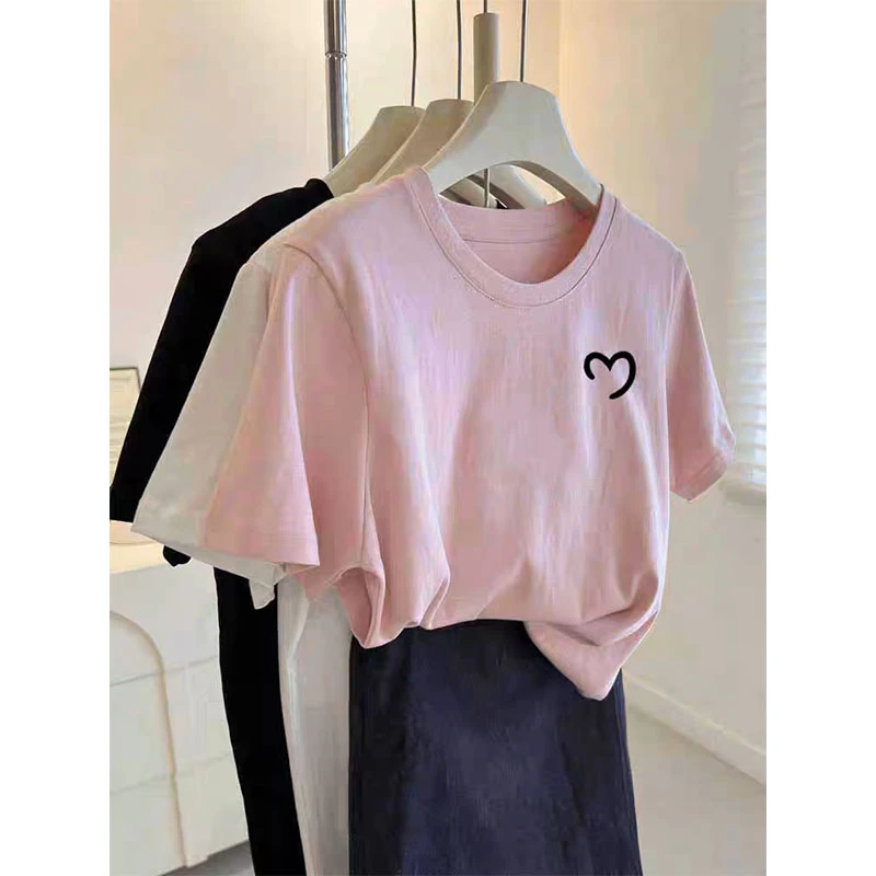 圆领印花短袖t恤女2025夏季新款时尚百搭洋气显瘦正肩打底衫上衣