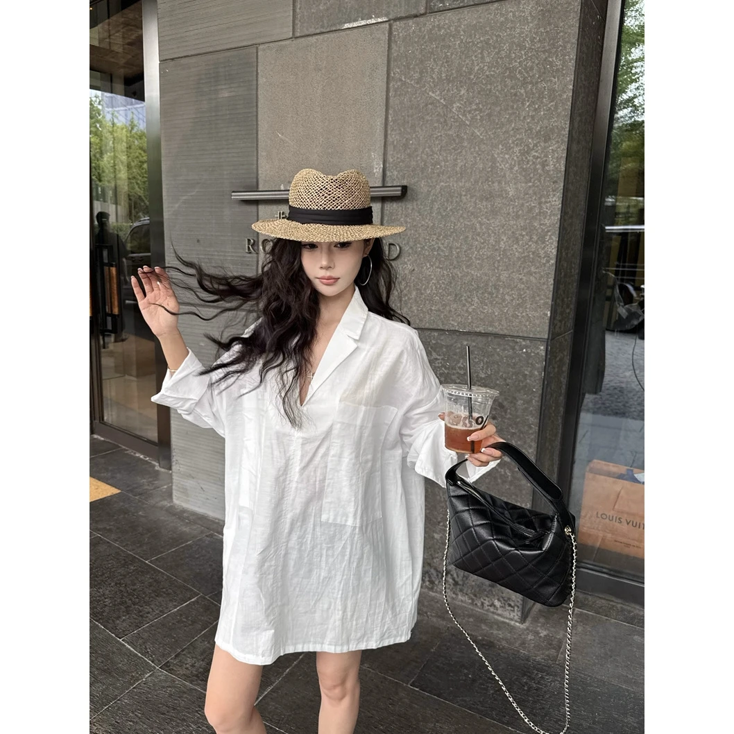 洋气衣服女老钱风松弛感薄款阔版亚麻衬衫枪驳领长袖棉麻防晒衬衫