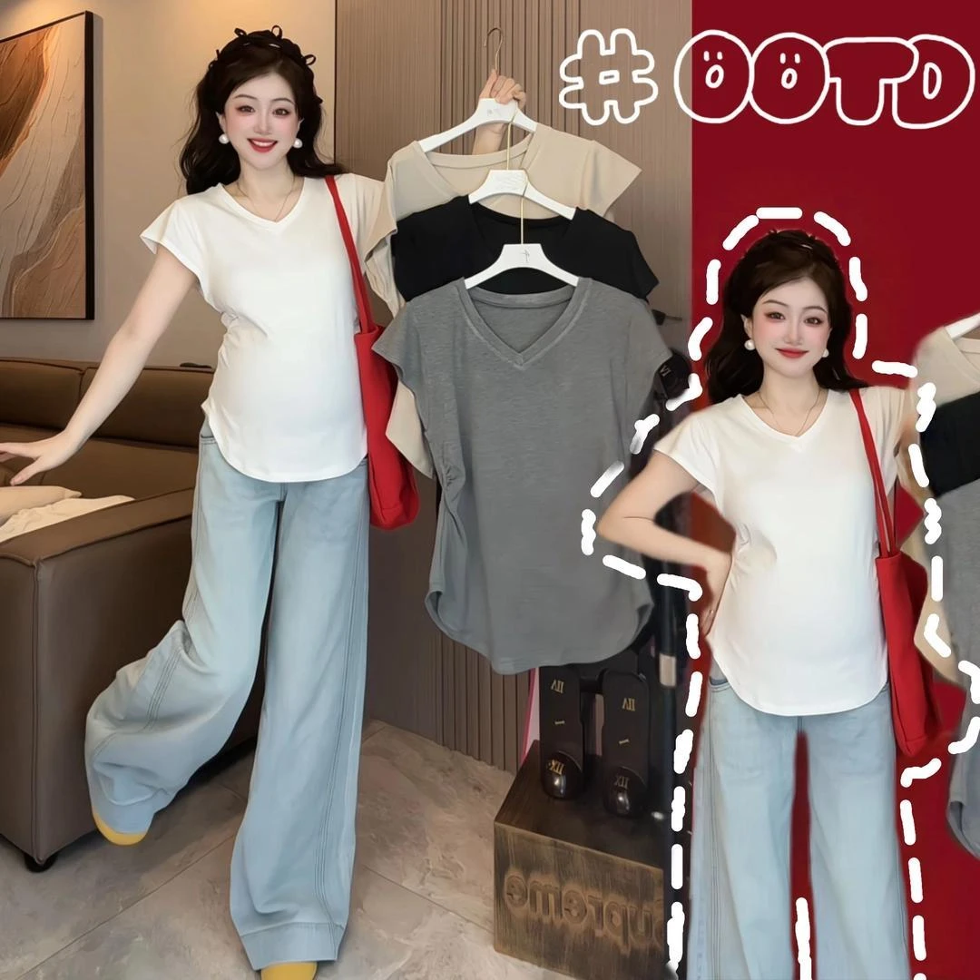 孕妇装新款V领正肩短袖t恤女新款宽松显瘦休闲小众修身上衣孕晚期