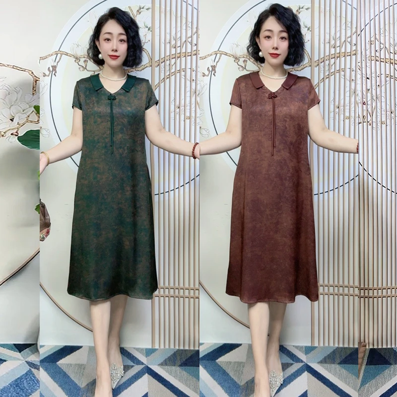 新款夏季娃娃领宽松百搭显瘦气质中老年妈妈装连衣裙子