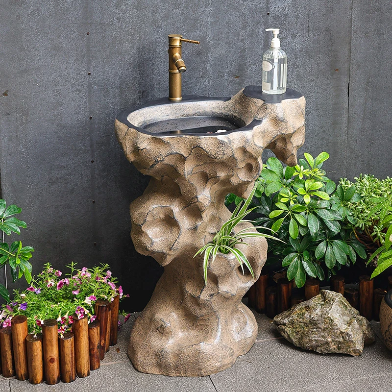 户外洗手盆庭院花园室外洗手池露台立柱一体落地露天洗脸盆仿石头