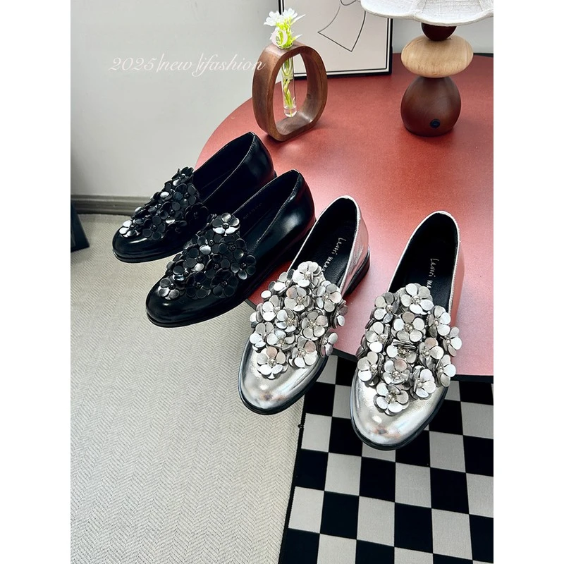 法式繁花英伦风浅口亮片乐福鞋秋季小众设计感女粗跟中跟圆头单鞋