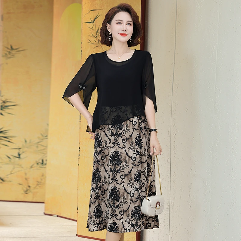 漂亮妈妈夏装假两件时尚连衣裙2025新款中老年气质高级感旗袍裙子