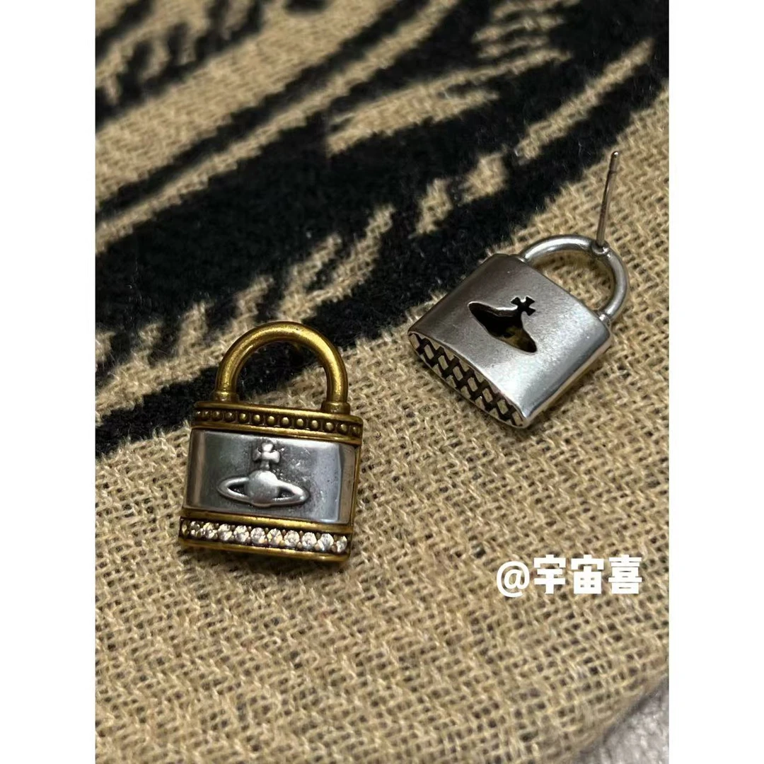 铜合金锆石耳饰 Q1-032【古金古银撞色小锁星球白锆耳钉】银色为主