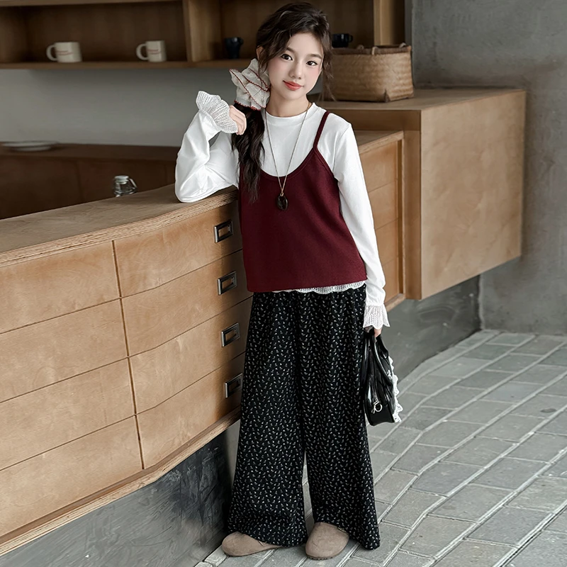 女童春秋套装2025新款女中大童秋季韩系针织马甲阔腿裤儿童三件套