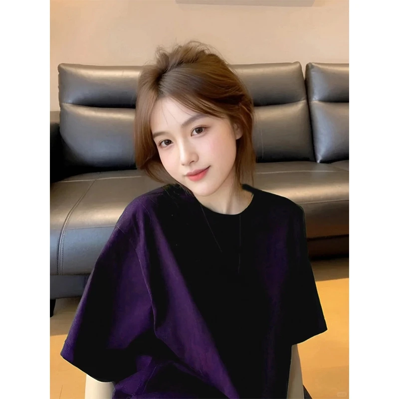 纯色复古显白高级感葡萄紫300g重磅纯棉圆领短袖t恤宽松半袖上衣