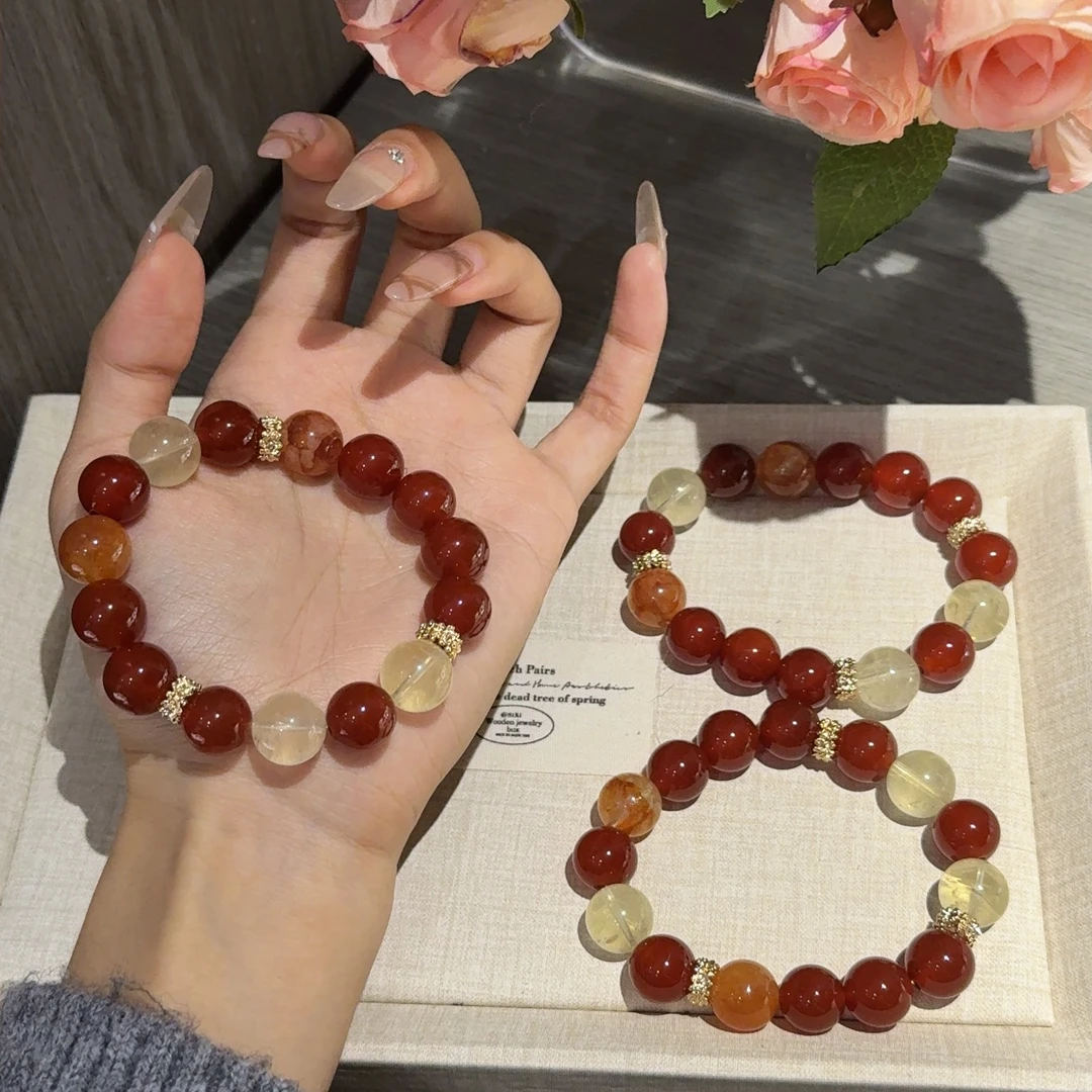 【红颜知己】原创红玛瑙柠檬晶红胶花手串手链 多样性发一