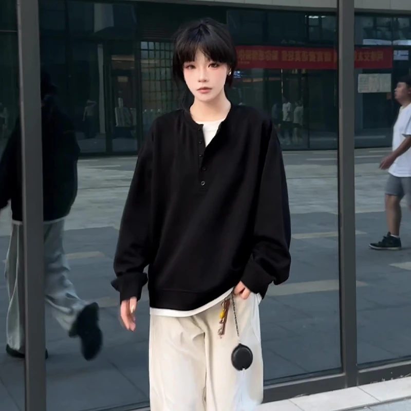 假两件亨利领卫衣男秋季cleanfit美式高街设计长袖T恤打底衫上衣