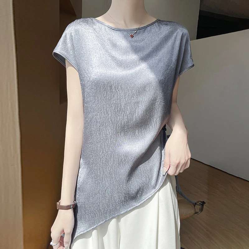 真丝短袖女款爆款2025新款收腰褶皱半袖打底衫气质显瘦设计感上衣