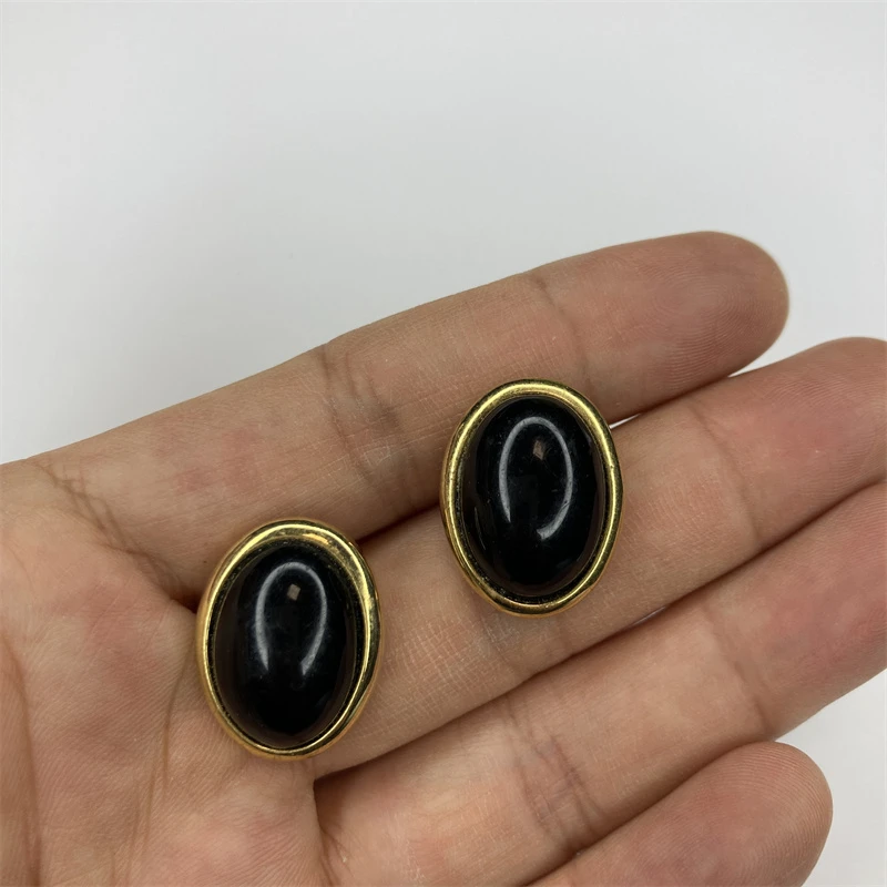 合金耳饰 trifari黑金色椭圆耳针1-1【2070108-047】