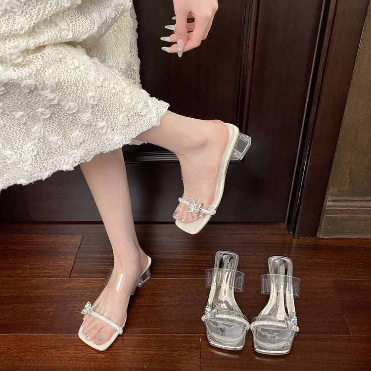 【娜娜专属】"琉光蝶羽" 法式粗跟蝴蝶结水钻凉拖鞋7709 跟高5CM