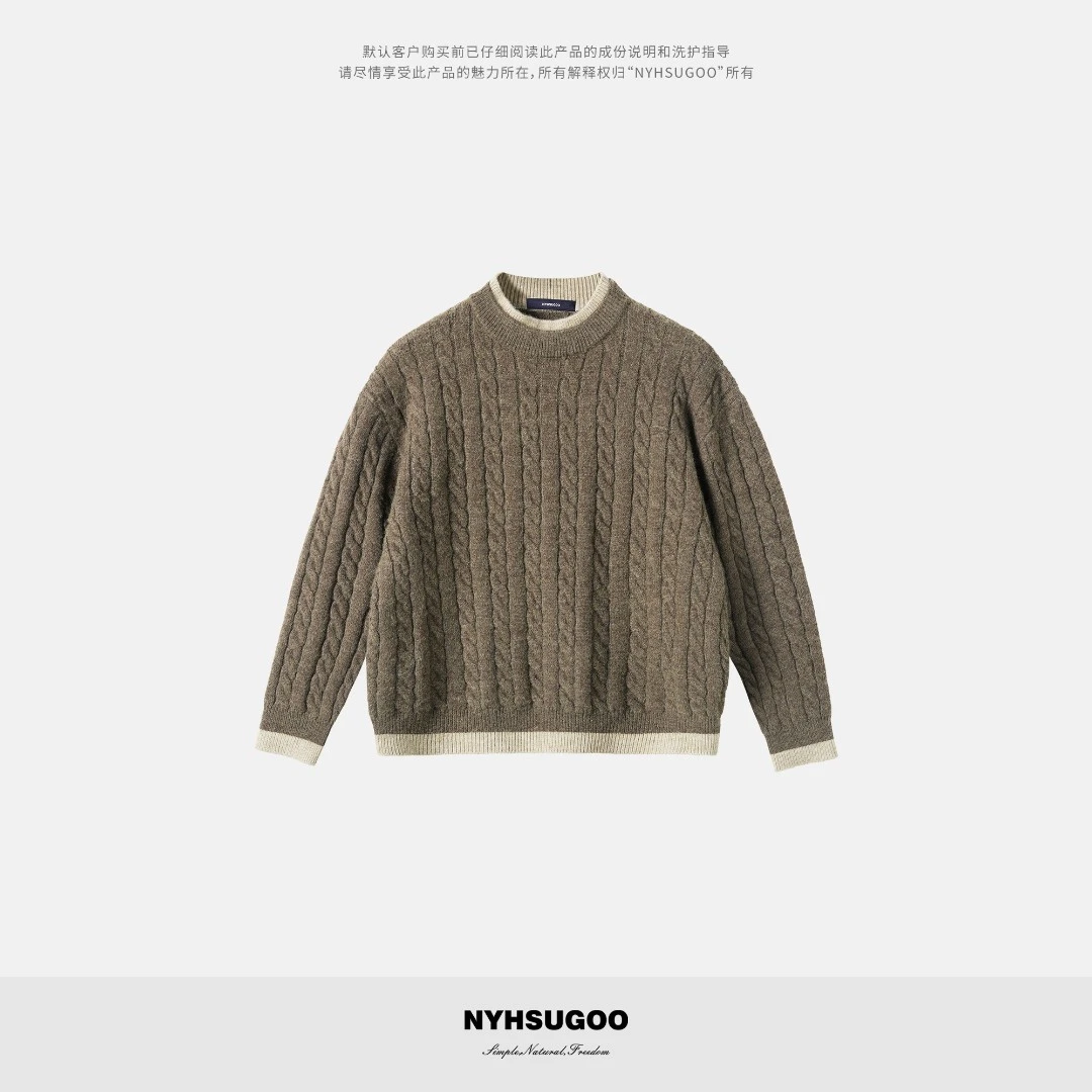 NYHSUGOO/南乙冬季357针假两件撞色绞花圆领毛衣55055男士套头