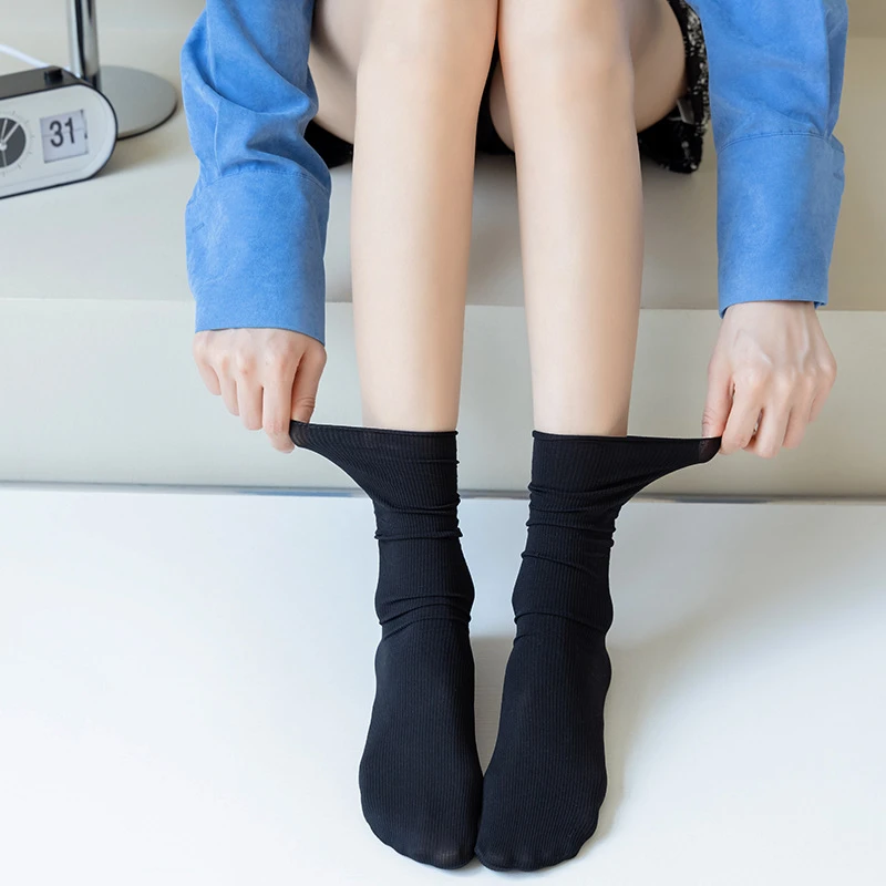 夏季女士薄款袜子天鹅绒中筒袜糖果色堆堆袜韩版冰冰袜卷边丝袜