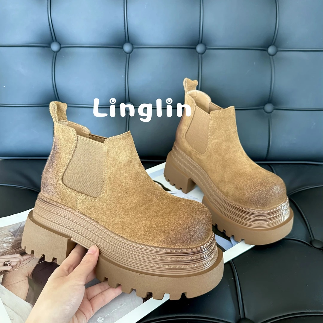 玲lin【磨砂】新款磨砂反绒皮圆头厚底一脚蹬切尔西短靴296-66