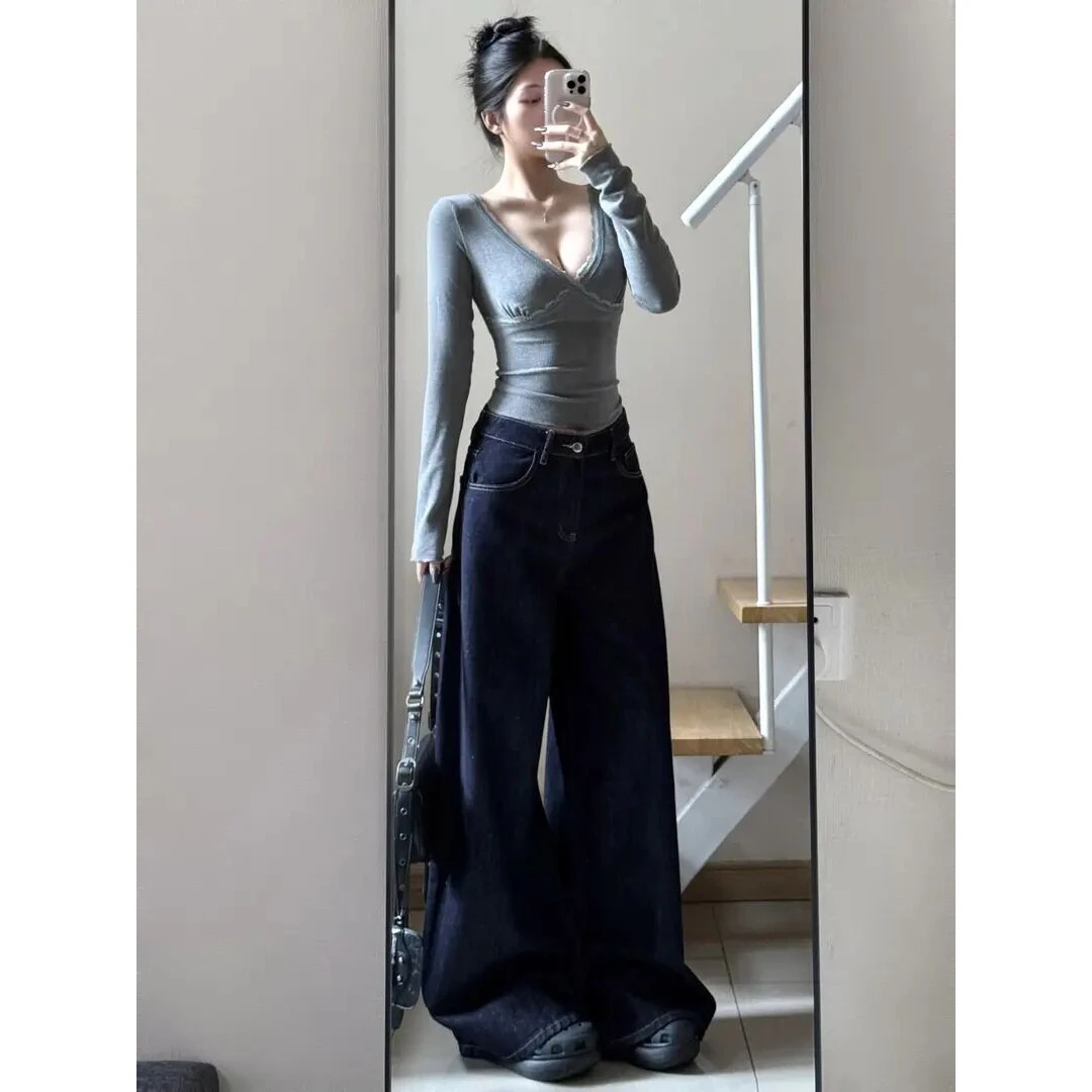 纯欲性感v领辣妹风显瘦上衣2024秋冬气质减龄百搭阔腿休闲裤套装