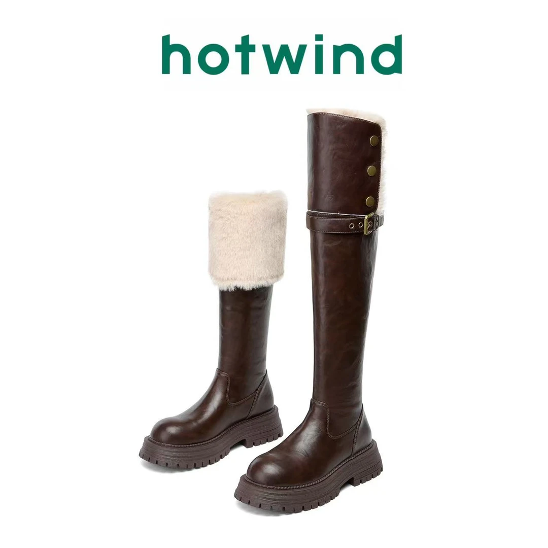 Hotwind/过膝长靴加绒秋冬时尚堆堆靴厚底防滑气质时装靴双11好物