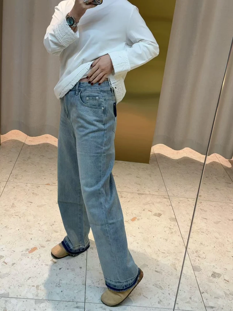 子韩清仓捡漏款中高腰百搭显瘦时尚复古磨毛直筒牛仔裤