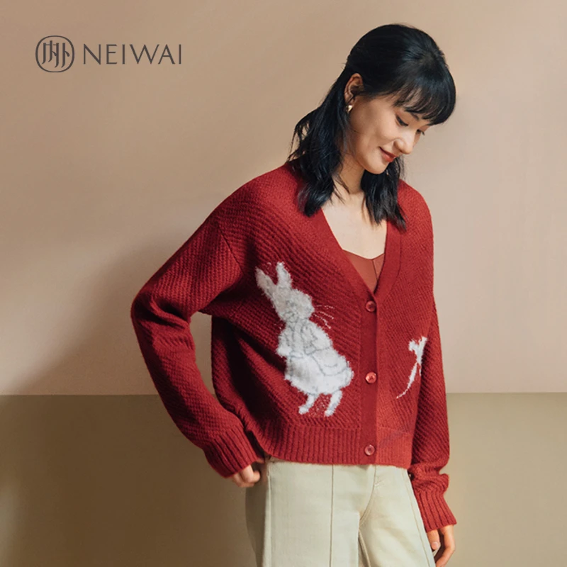 NEIWAI内外大定位线绣开衫红色时尚开衫提花常规短款女装宽松