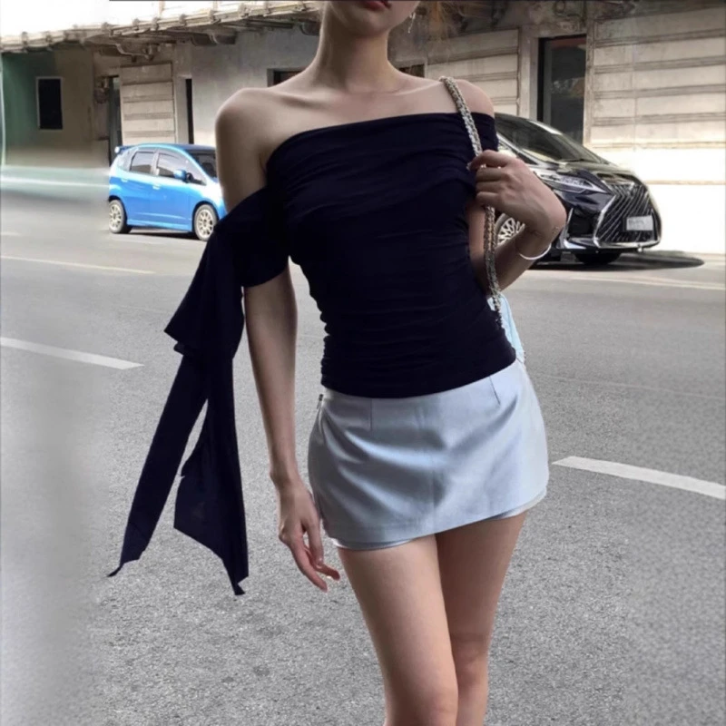 纯色不规则斜肩短袖T恤女2025夏季飘带设计感修身露肩针织上衣潮