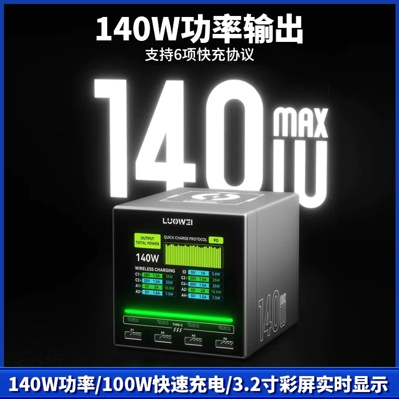 洛韦-U1猛禽充电器 多口USB充电器140W功率 无线充电彩屏实时显示