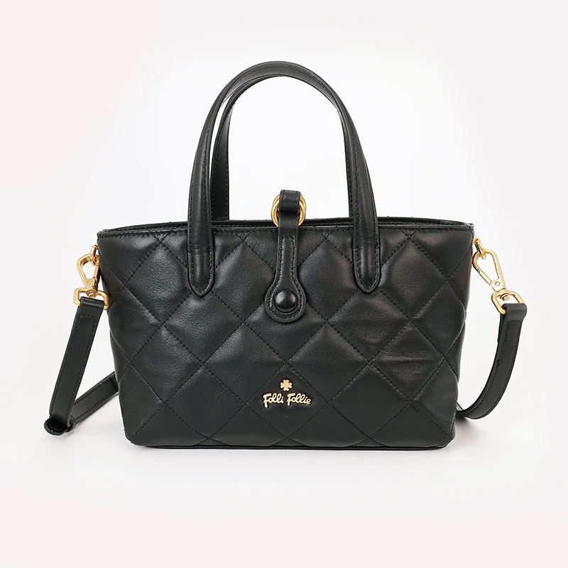 follifollie菜篮子头层羊皮菱格纹红色单肩包手拎喜庆婚包中号