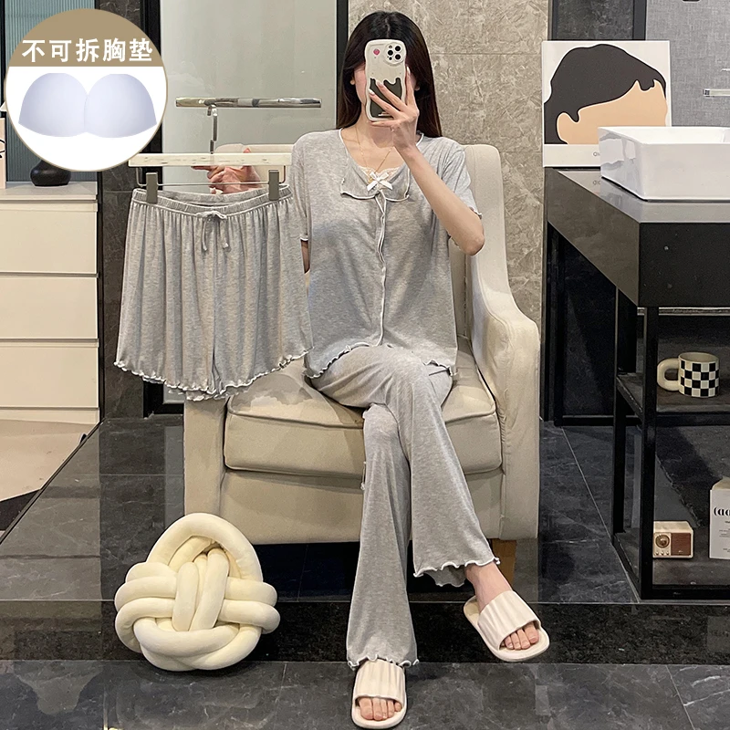 韩国爆款灰色带胸垫睡衣女夏季莫代尔棉休闲短袖宽松三件套家居服