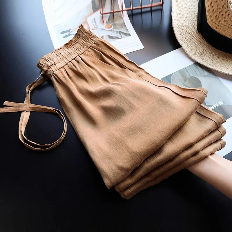 铜氨丝阔腿裤女夏季薄款2025新款松紧腰抽绳垂感凉凉裤窄版直筒裤