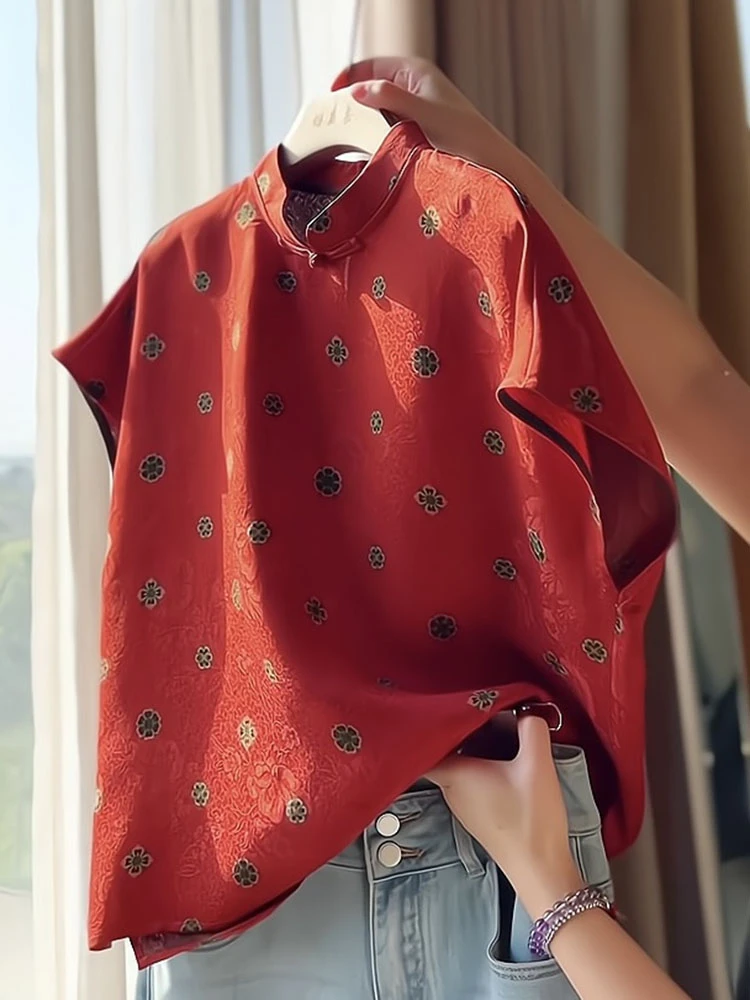 新中式复古国风碎花设计小众百搭中国红上衣2025新款减龄无袖衬衫