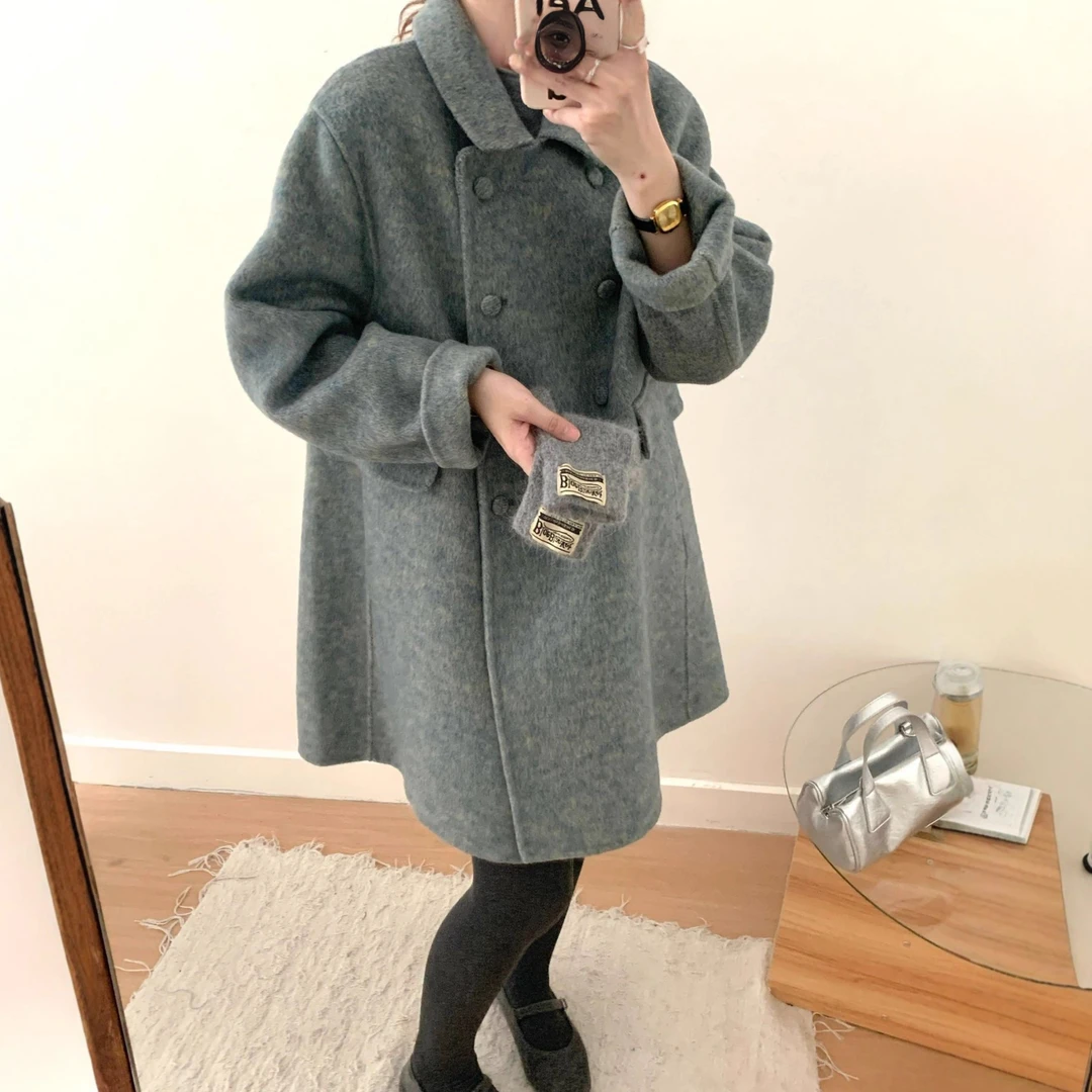 秋冬新款复古娃娃领双排扣韩版宽松双面大衣女小个子呢子外套