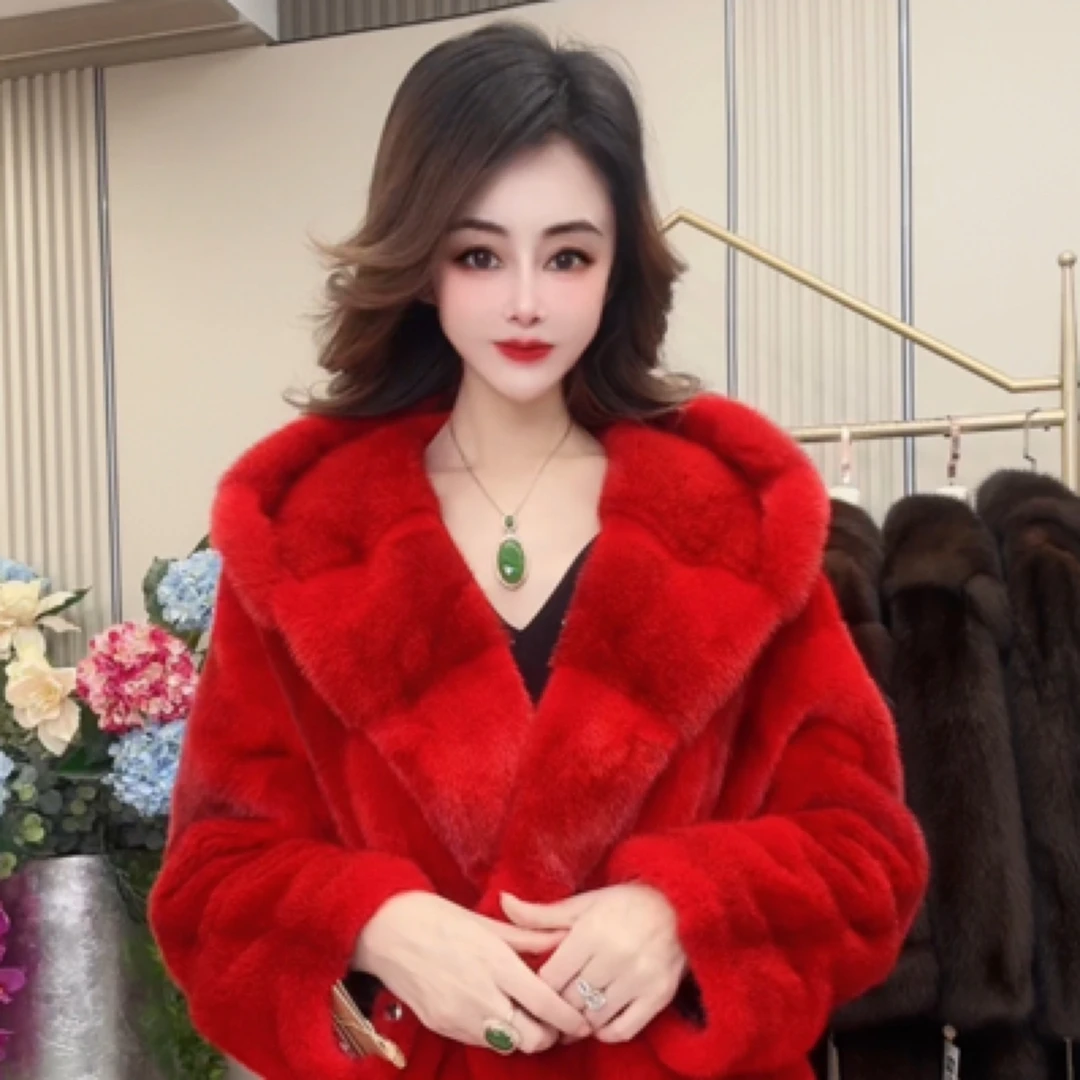 2380皇家贵夫人水貂冬季女士时尚红十字帽版腰带款皮草大衣L-