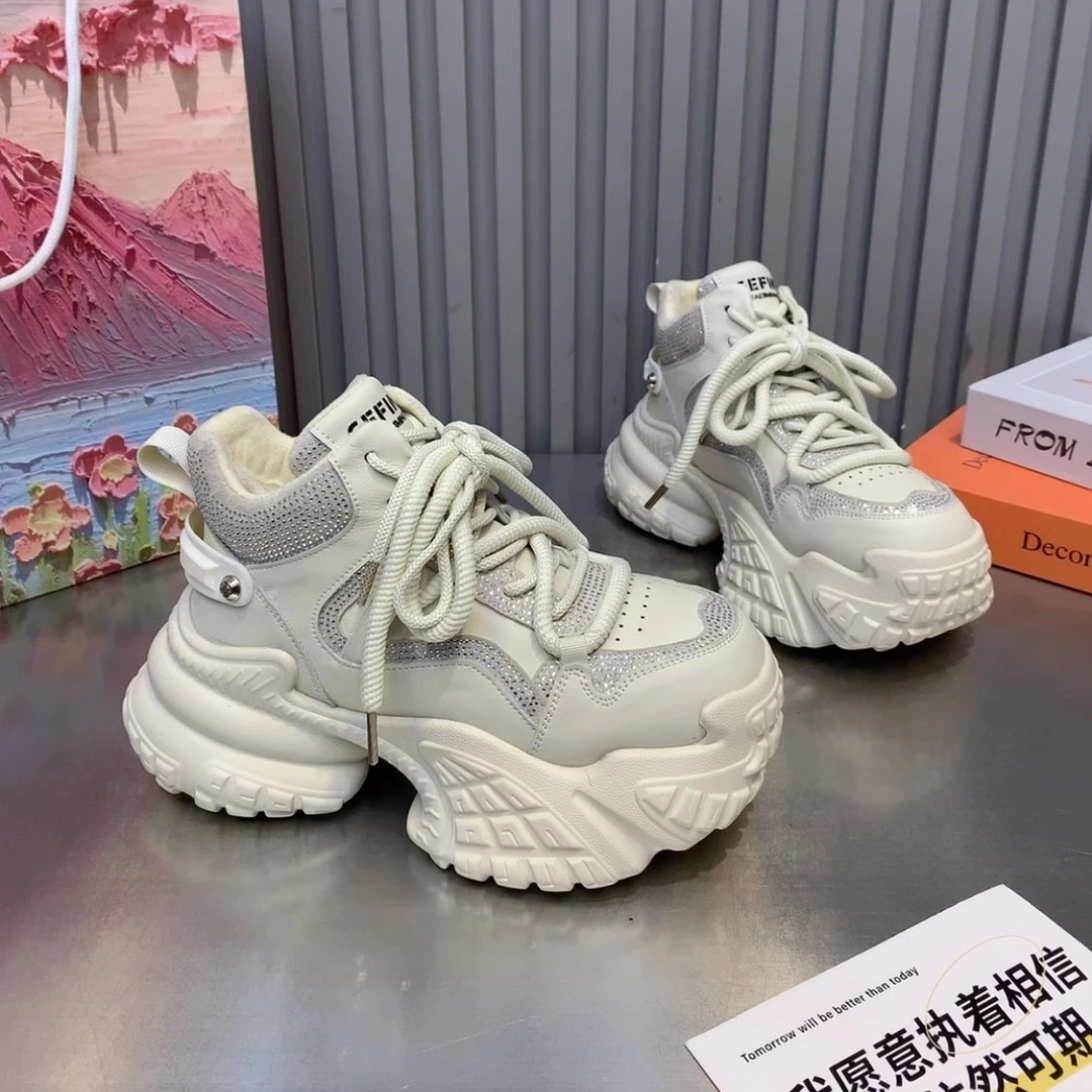 【初雪】2024冬季FT新款厚底老爹鞋烫钻高帮女鞋棉鞋舞蹈鞋百搭