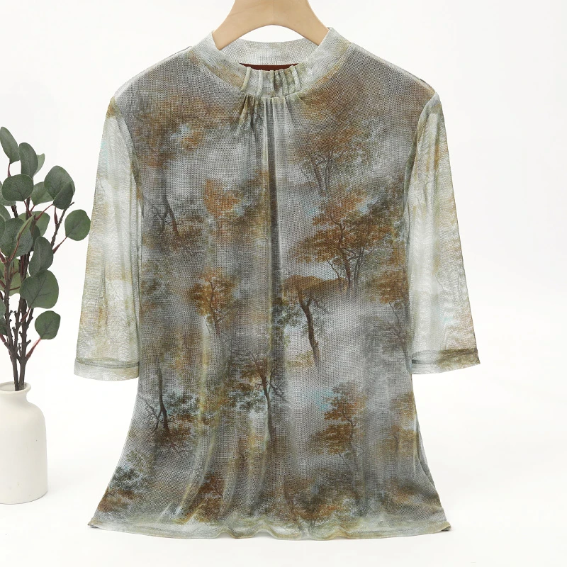 春夏透气桑蚕丝半高领网纱T恤80克网眼真丝五分袖印花打底衫M6115