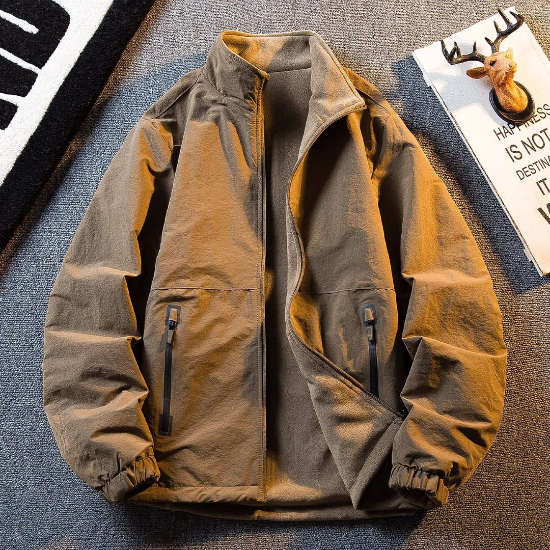 加绒加厚立领外套男秋冬款保暖摇粒绒男士美式痞帅休闲双面穿夹克