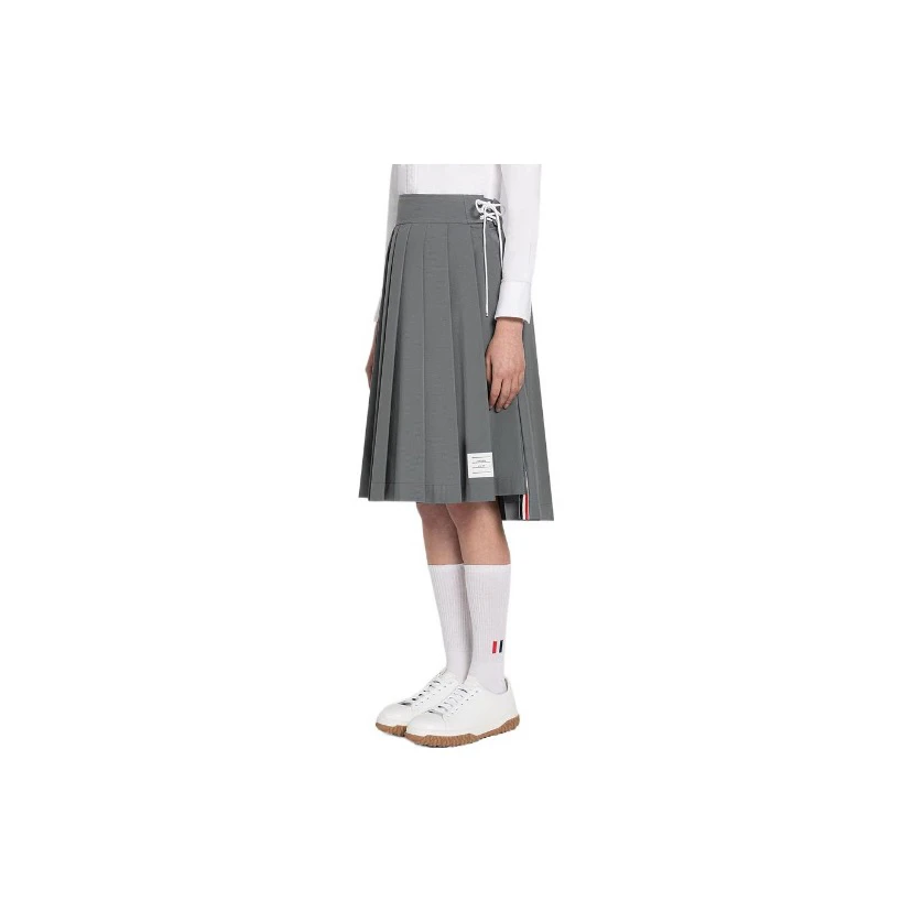 99新 THOMBROWNE 001864 浅灰色棉质学院风百褶长裙 38码